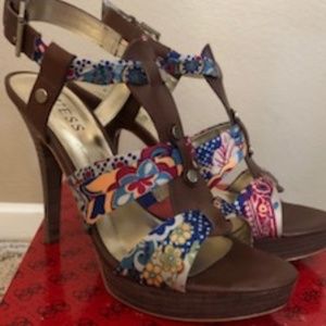 Guess Heels - Brown leather w/multi color fabric